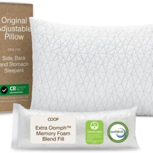 Coop Home Goods Original Adjustable Pillow, Queen Size Bed Pillow for Sleeping, Cross Cut Memory Foam Pillow - Medium Firm Back, Stomach and Side Sleeper Pillow, CertiPUR-US/GREENGUARD Gold