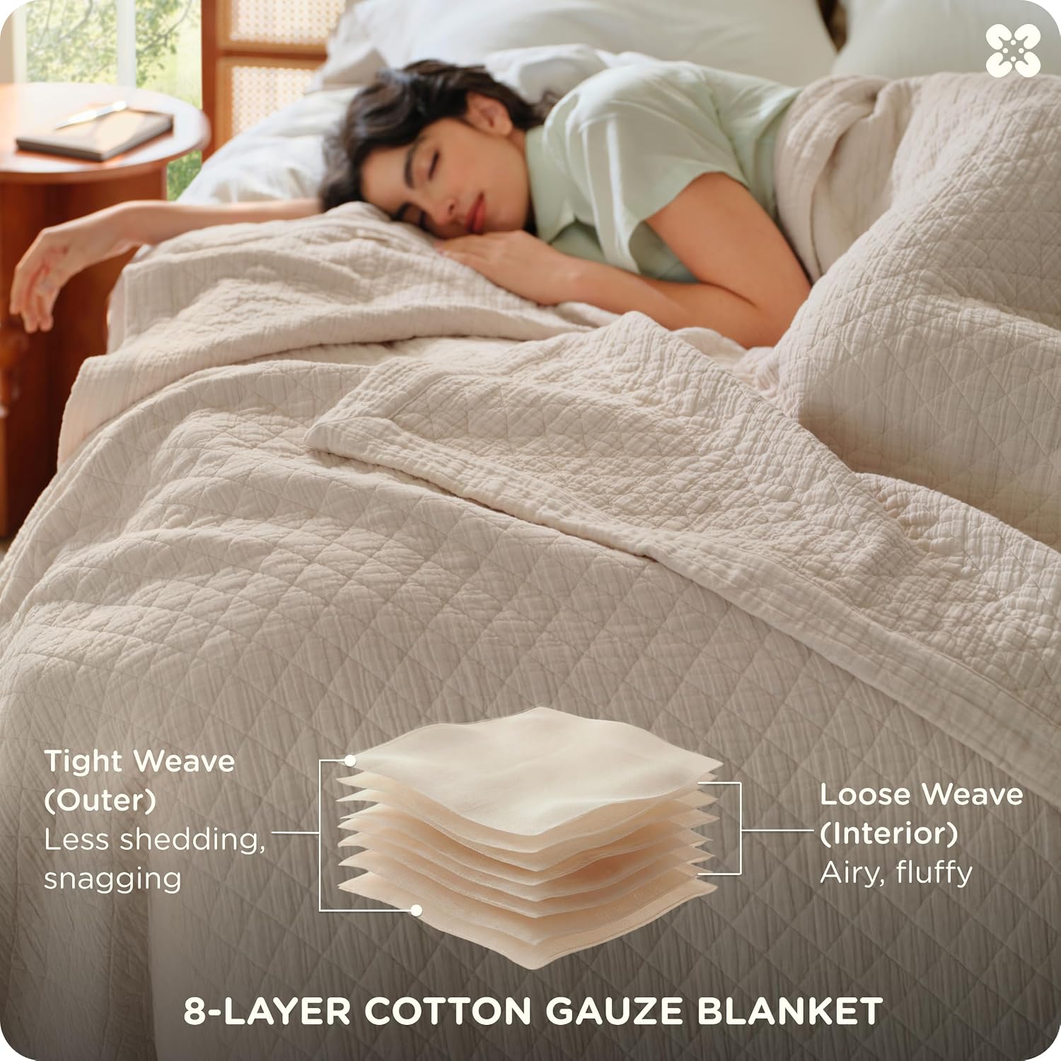 Bedsure PureWoven 100% Cotton Muslin Blanket 8-Layer, King, Linen Beige - Image 4